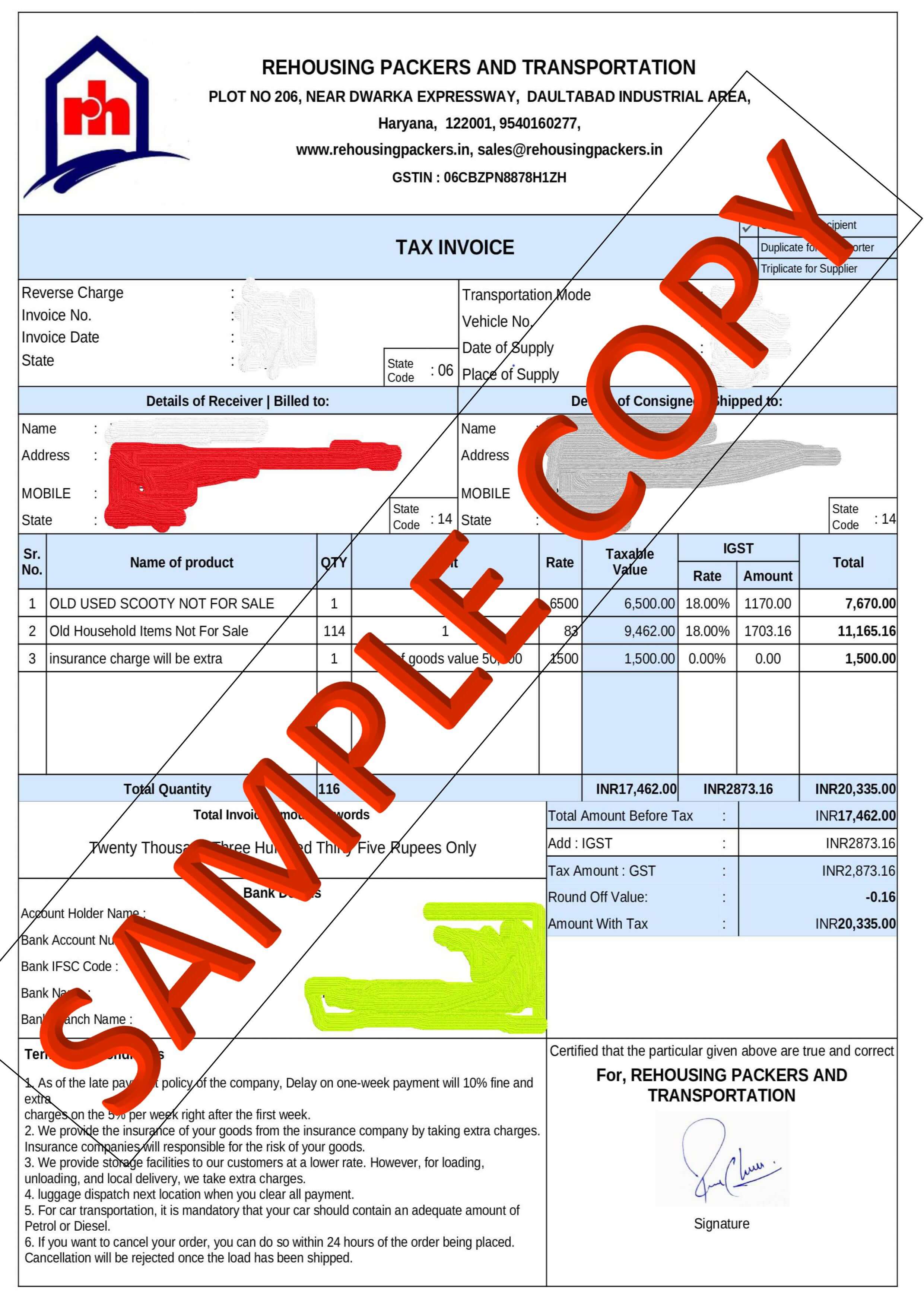 Rehousing Packers and Movers - Transparent GST Bill Format and IBA Approved Packers and Mover Bill